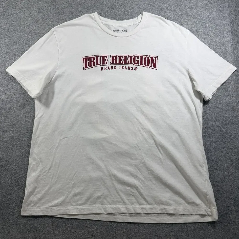 True Religion T Shirt Mens 3XL White Red Horseshoe Paint Logo Relaxed Fit Street